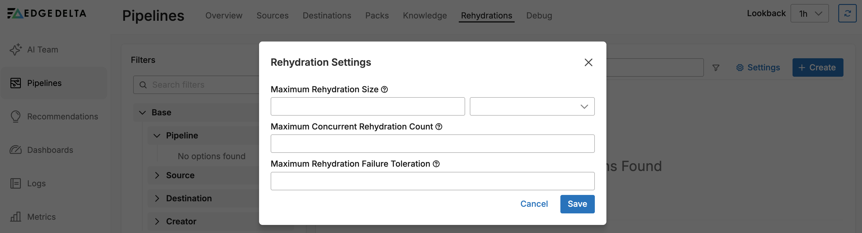 Rehydration Settings dialog