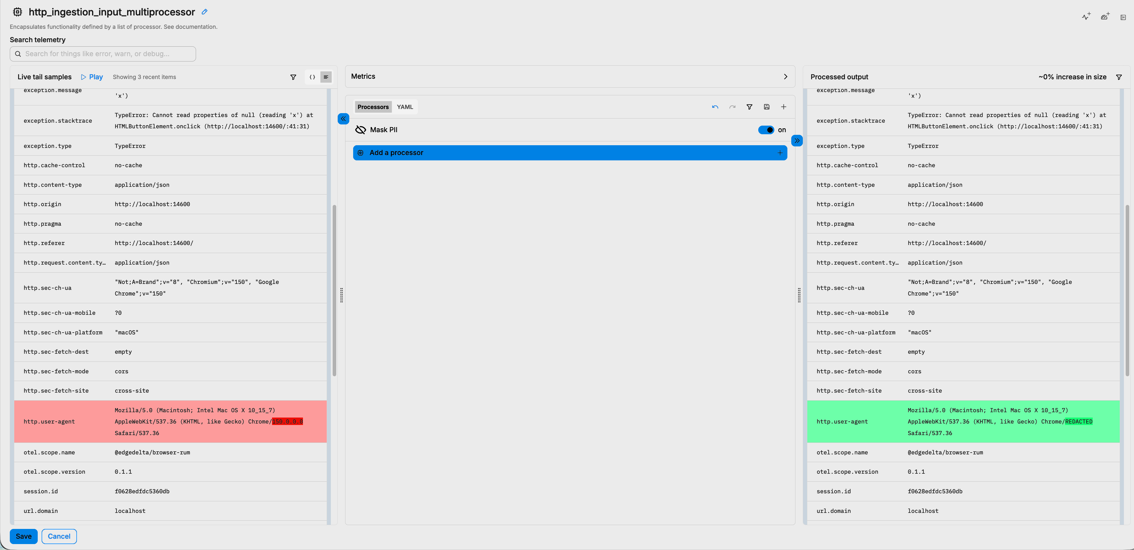 Pipeline processor editor showing a Mask PII processor redacting a field on RUM error data