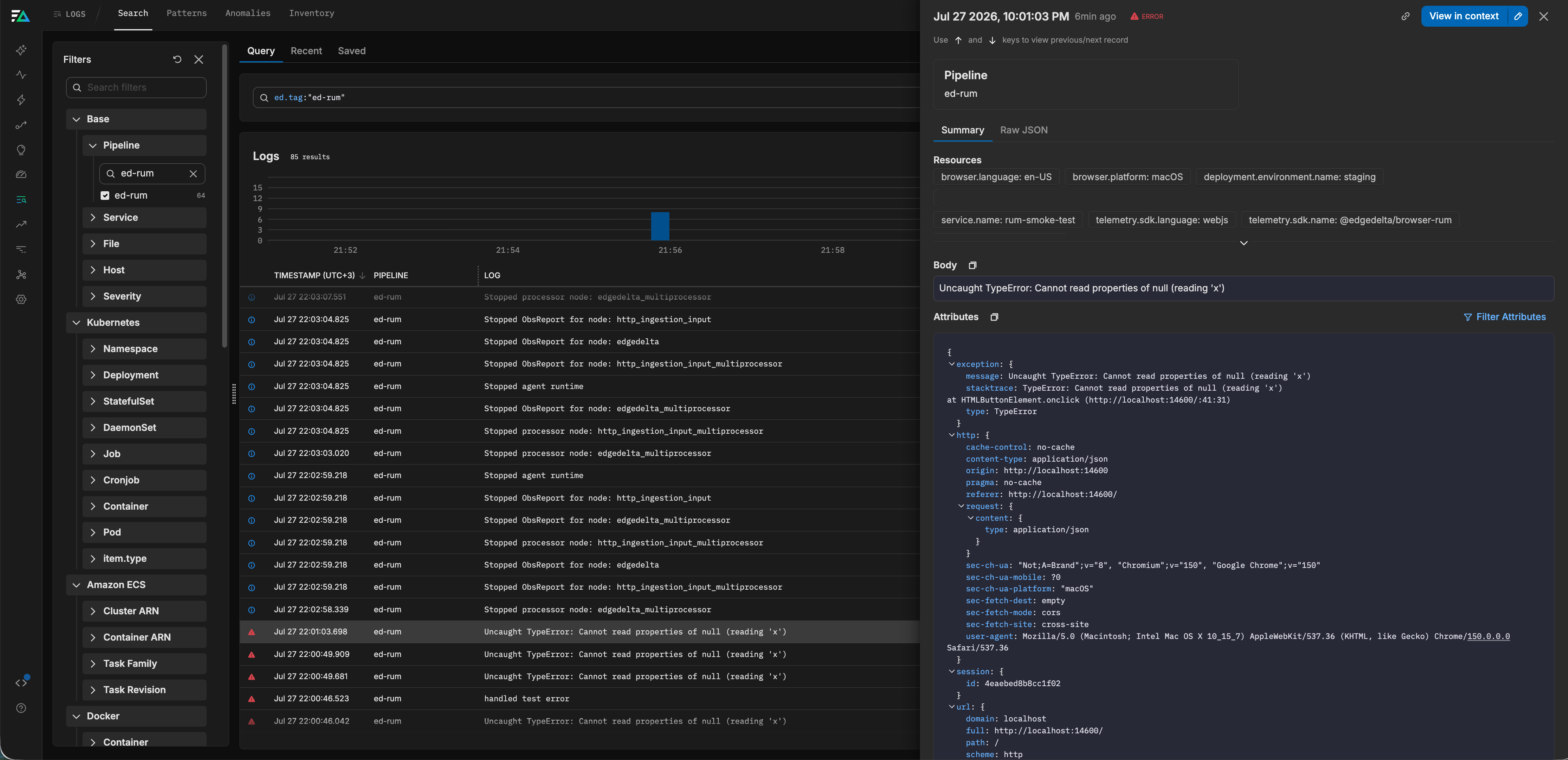 Log Search showing RUM JavaScript errors with exception attributes in the log drawer