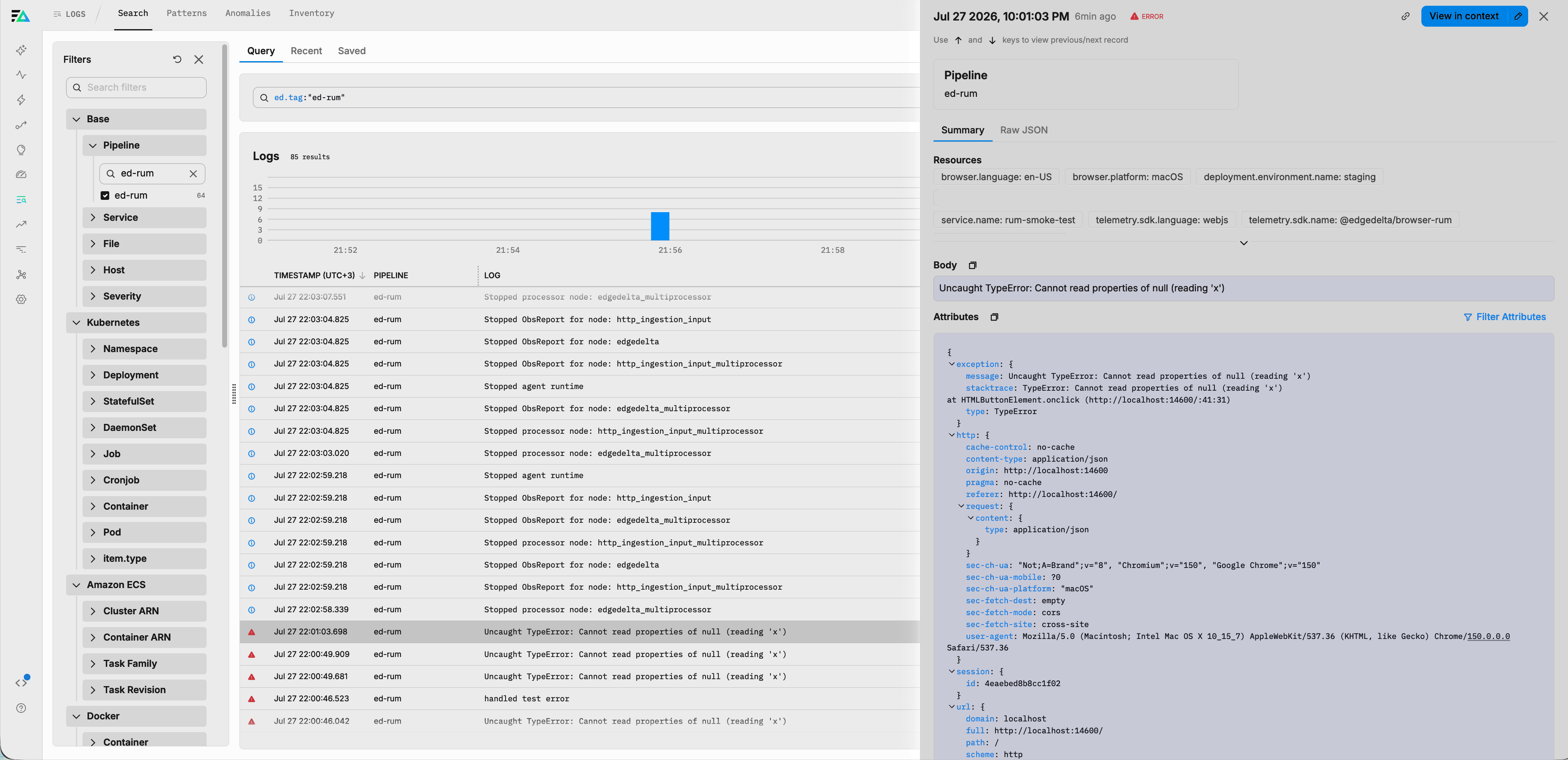 Log Search showing RUM JavaScript errors with exception attributes in the log drawer