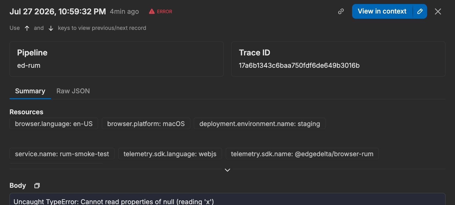 Log drawer showing a RUM error with its pipeline and trace ID
