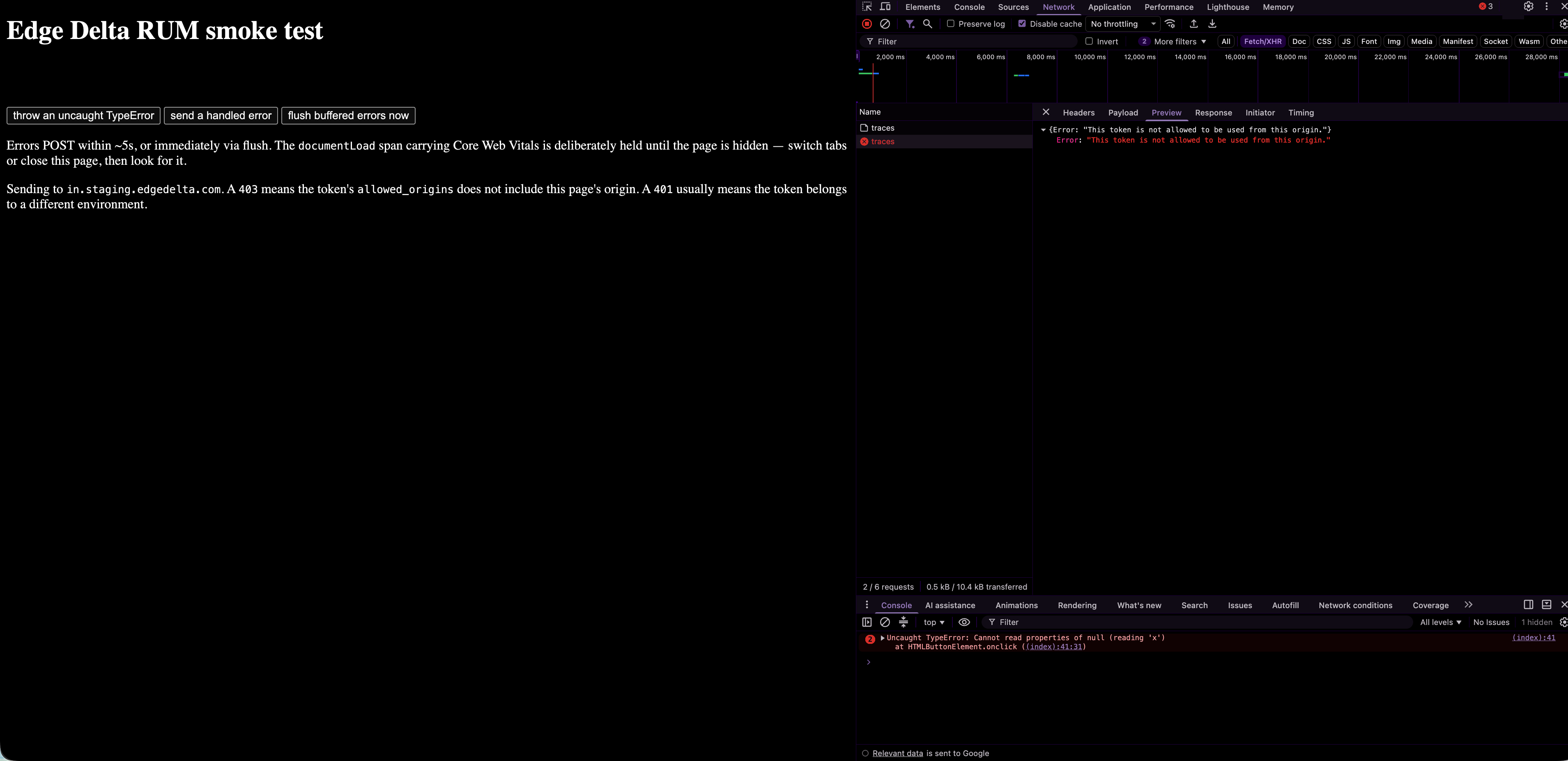 Browser network tab showing a 403 response because the page origin is not in the allowed origins list