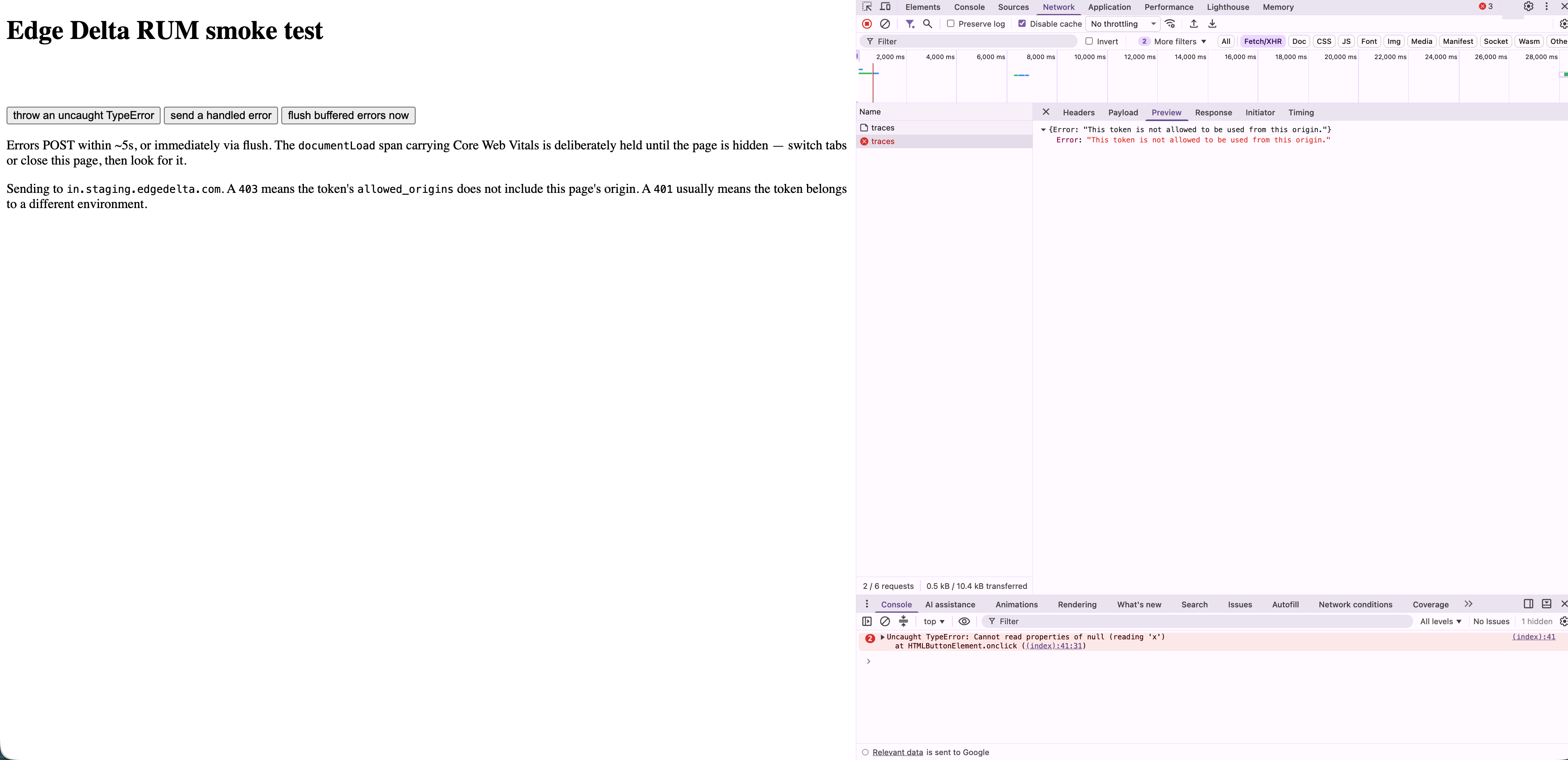 Browser network tab showing a 403 response because the page origin is not in the allowed origins list