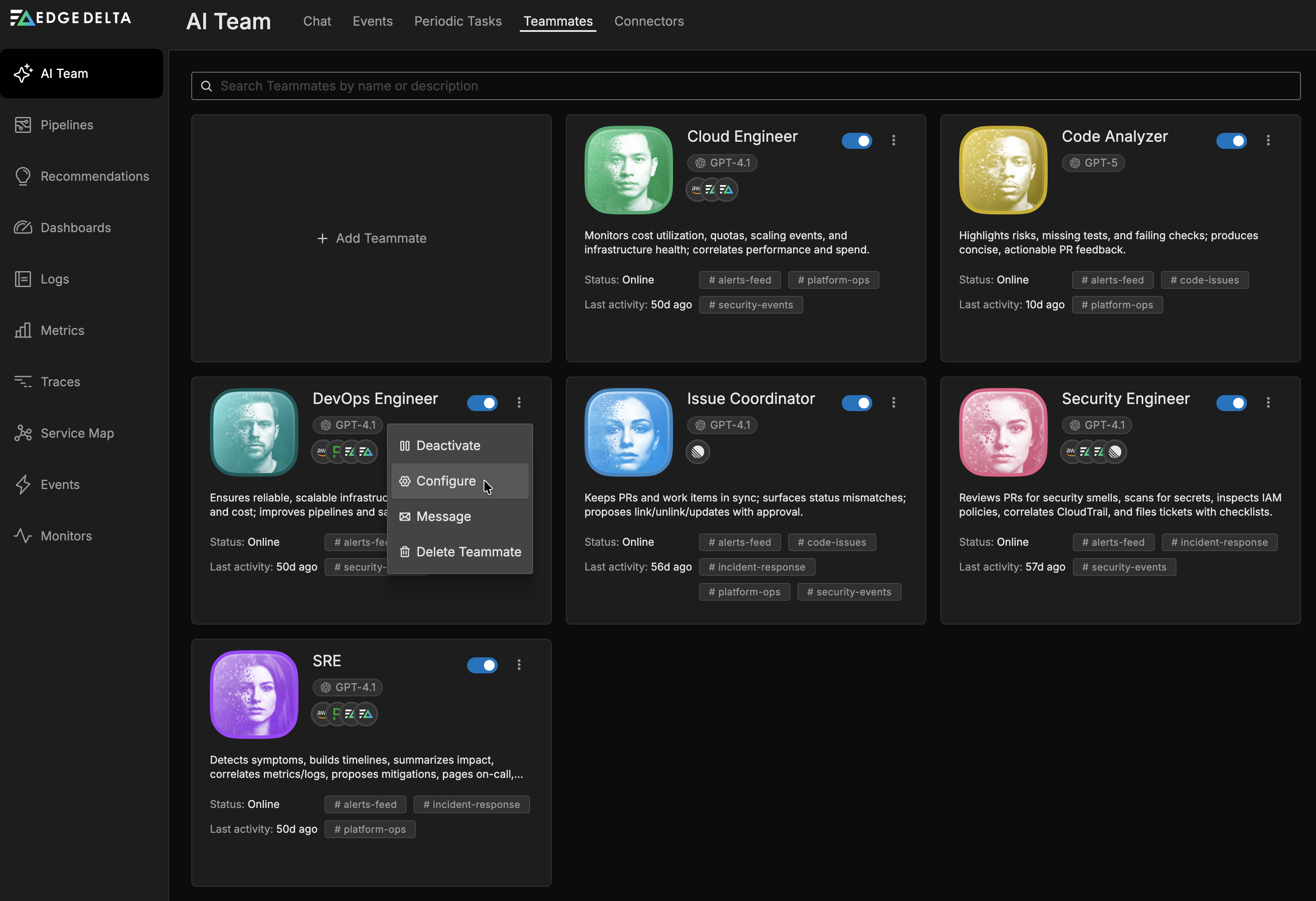 Click the kebab icon on a teammate tile to access configuration options
