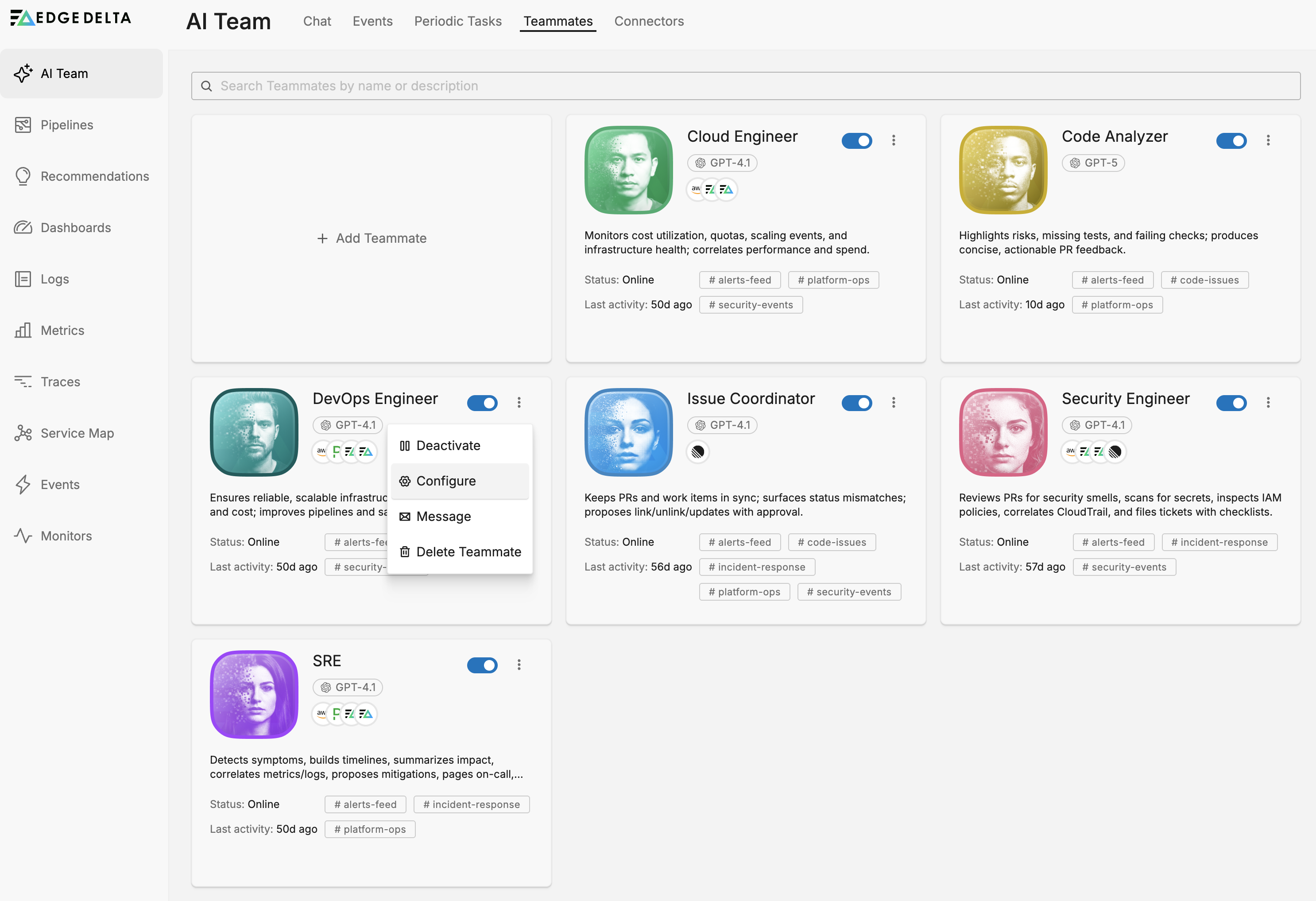 Click the kebab icon on a teammate tile to access configuration options