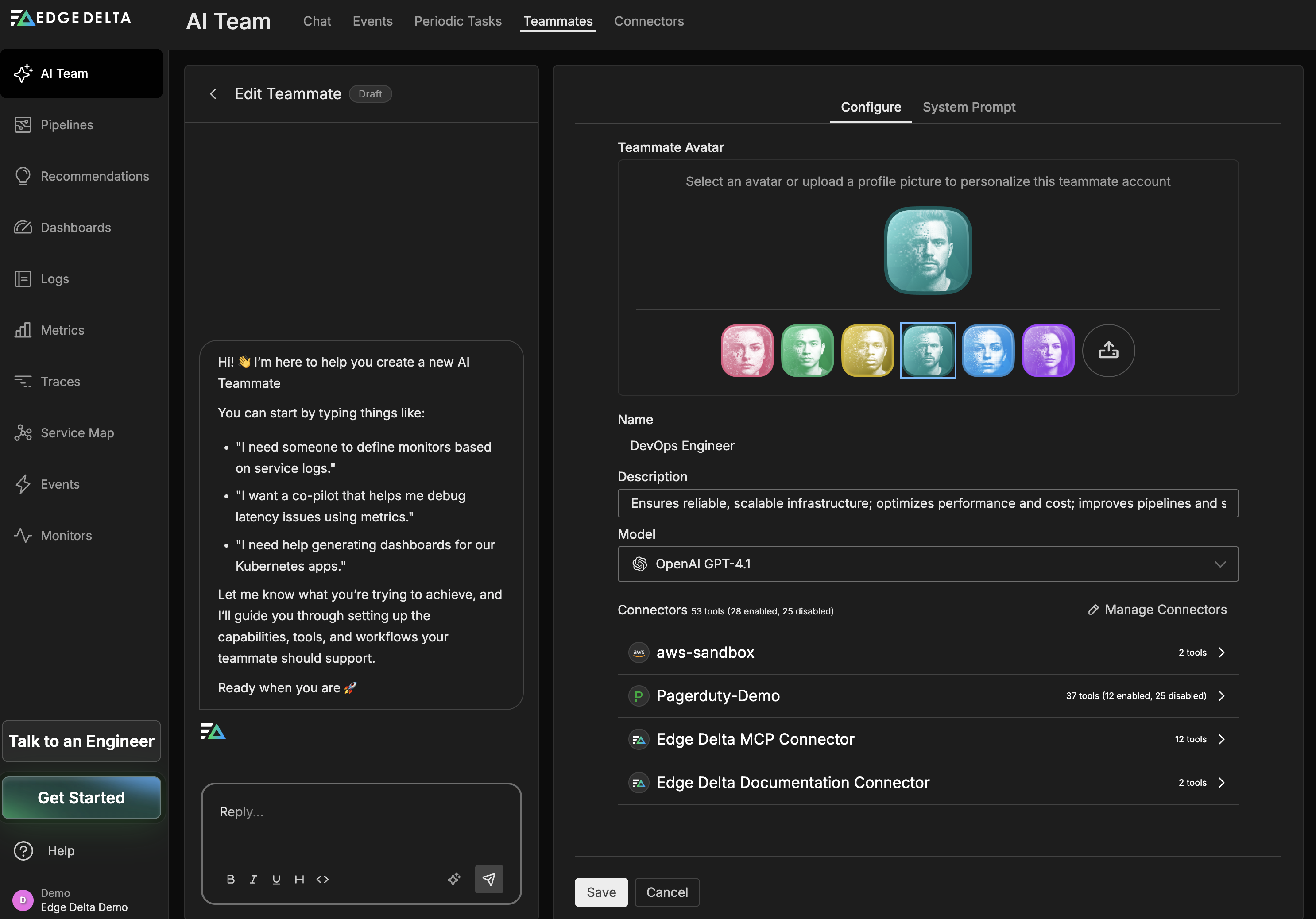 Editing a specialized teammate's configuration settings