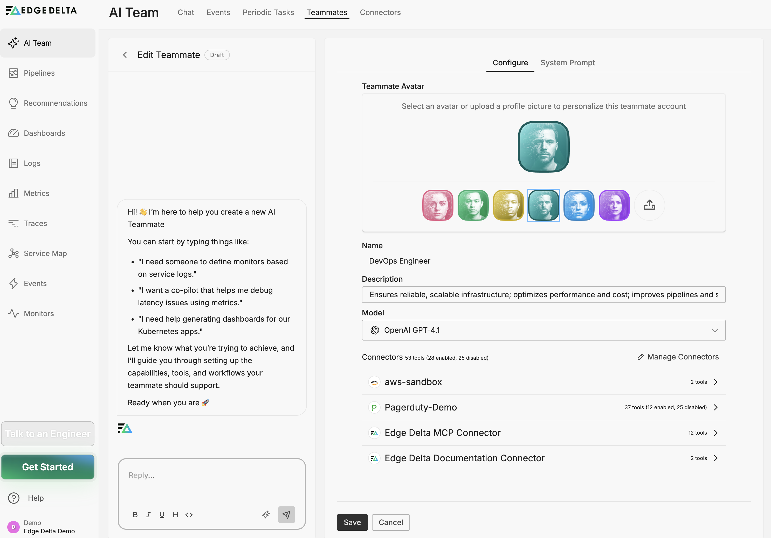 Editing a specialized teammate's configuration settings