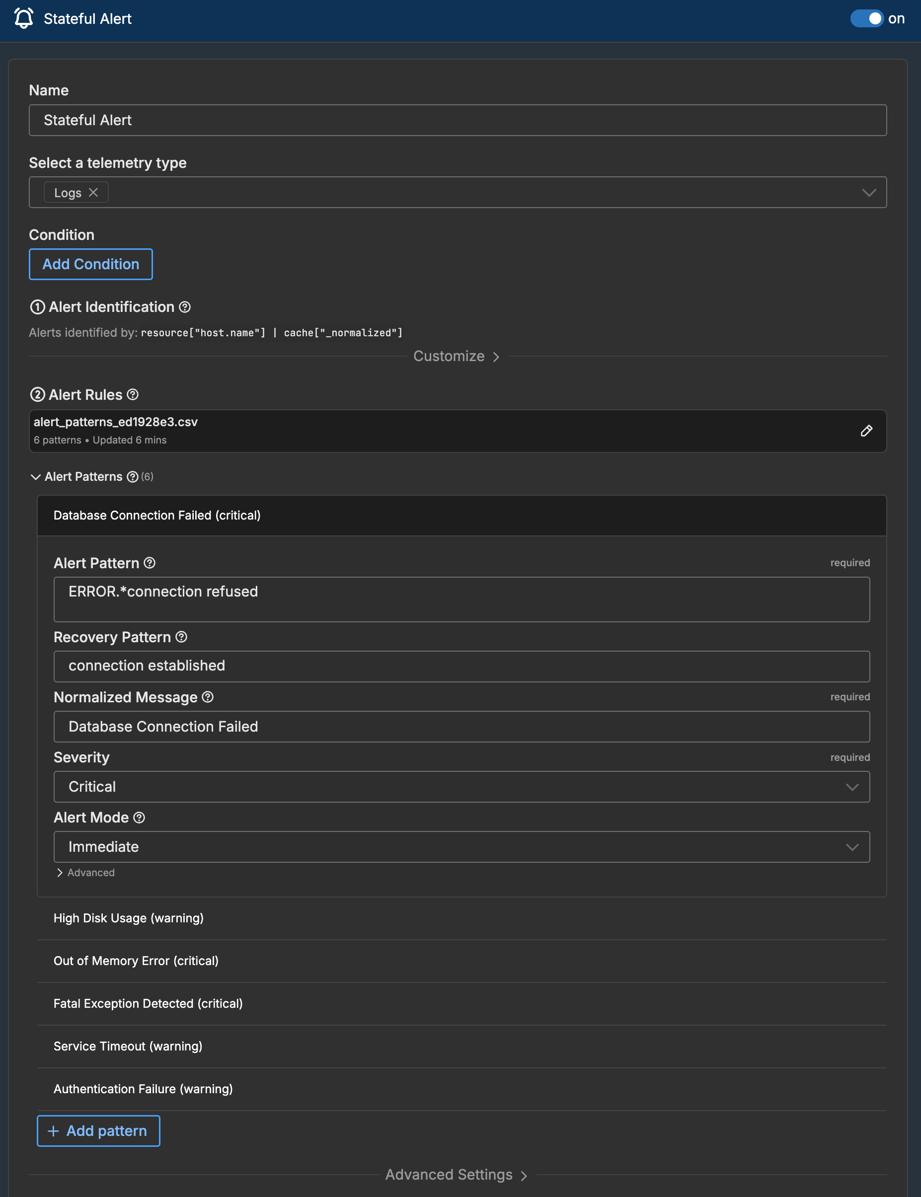 Stateful Alert processor configuration showing alert identification, lookup table selection, and Redis settings