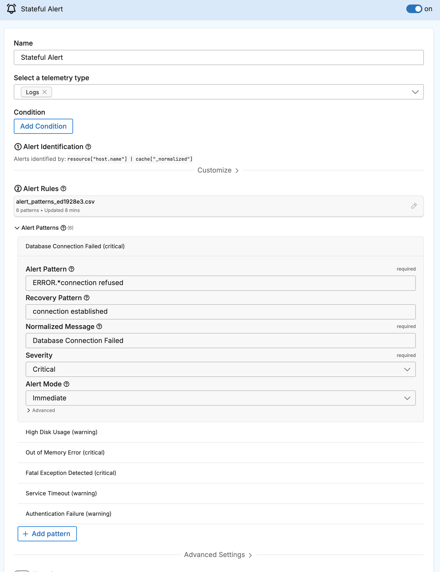 Stateful Alert processor configuration showing alert identification, lookup table selection, and Redis settings