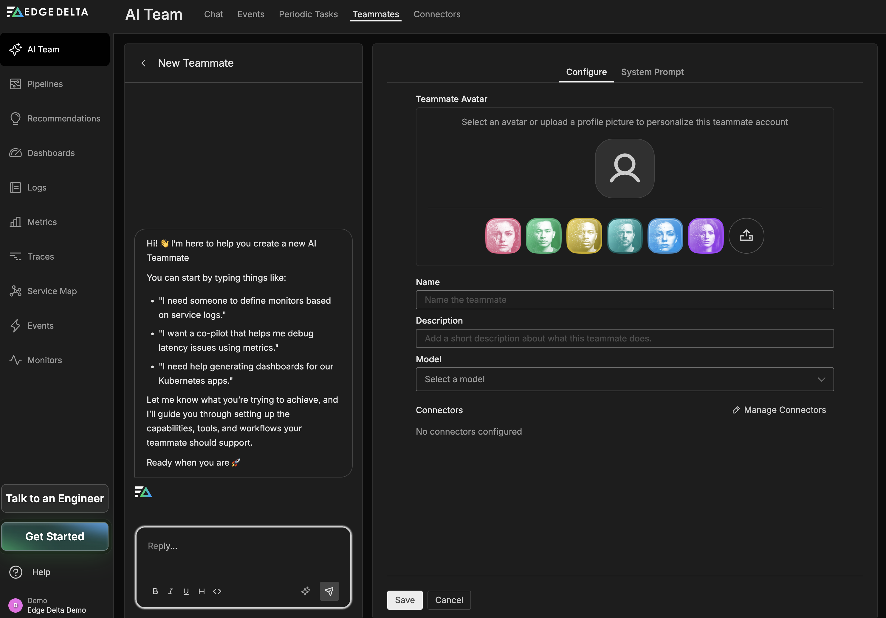 Using the AI chat pane to describe and configure a new teammate