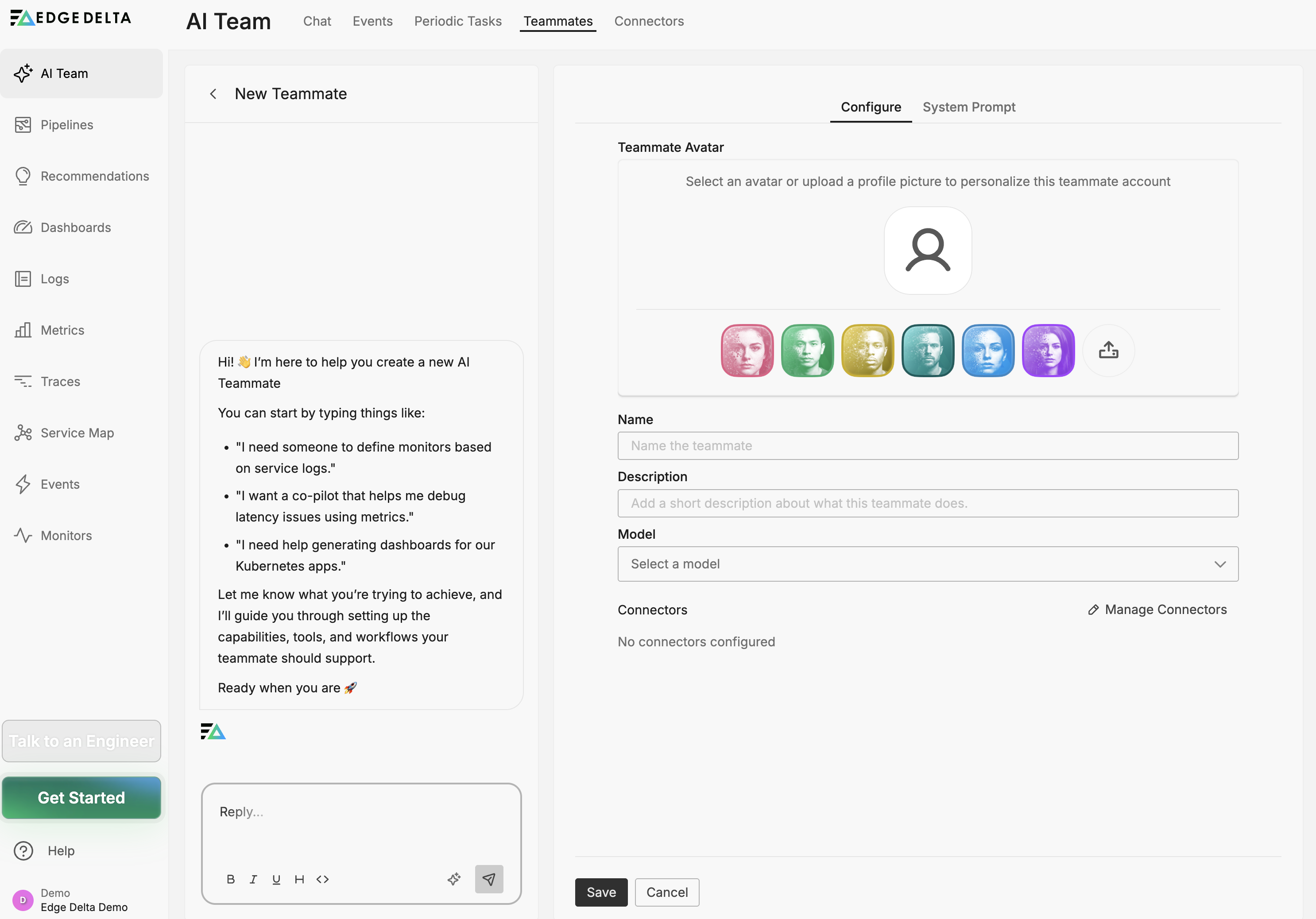 Using the AI chat pane to describe and configure a new teammate
