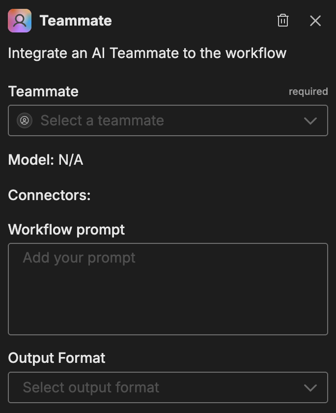 Teammate node configuration panel