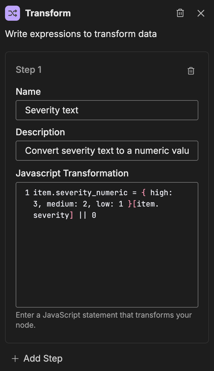 Transform node configuration panel