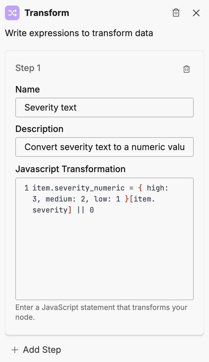 Transform node configuration panel