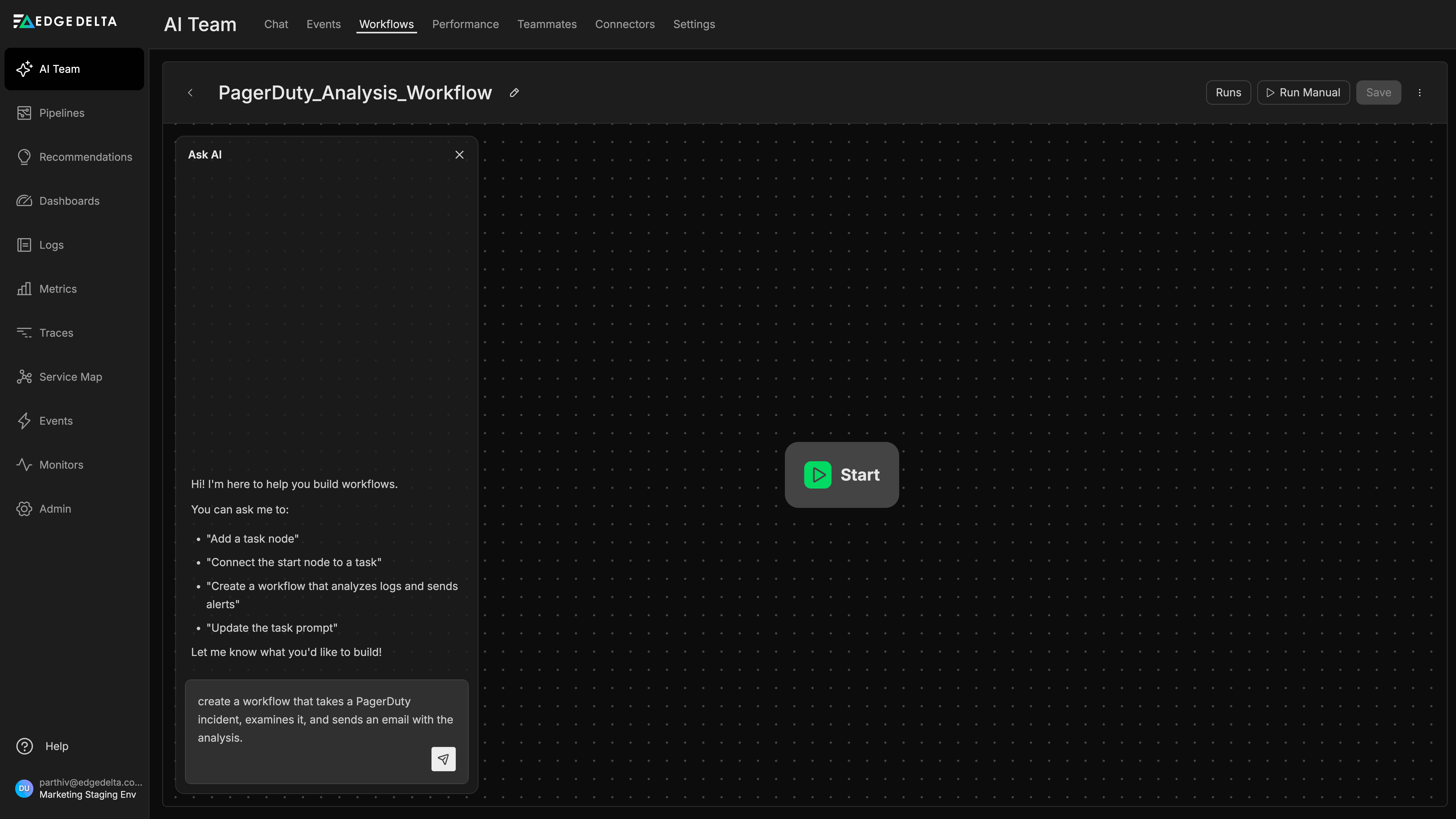 AI panel in the workflow editor with a natural language prompt to create a PagerDuty analysis workflow