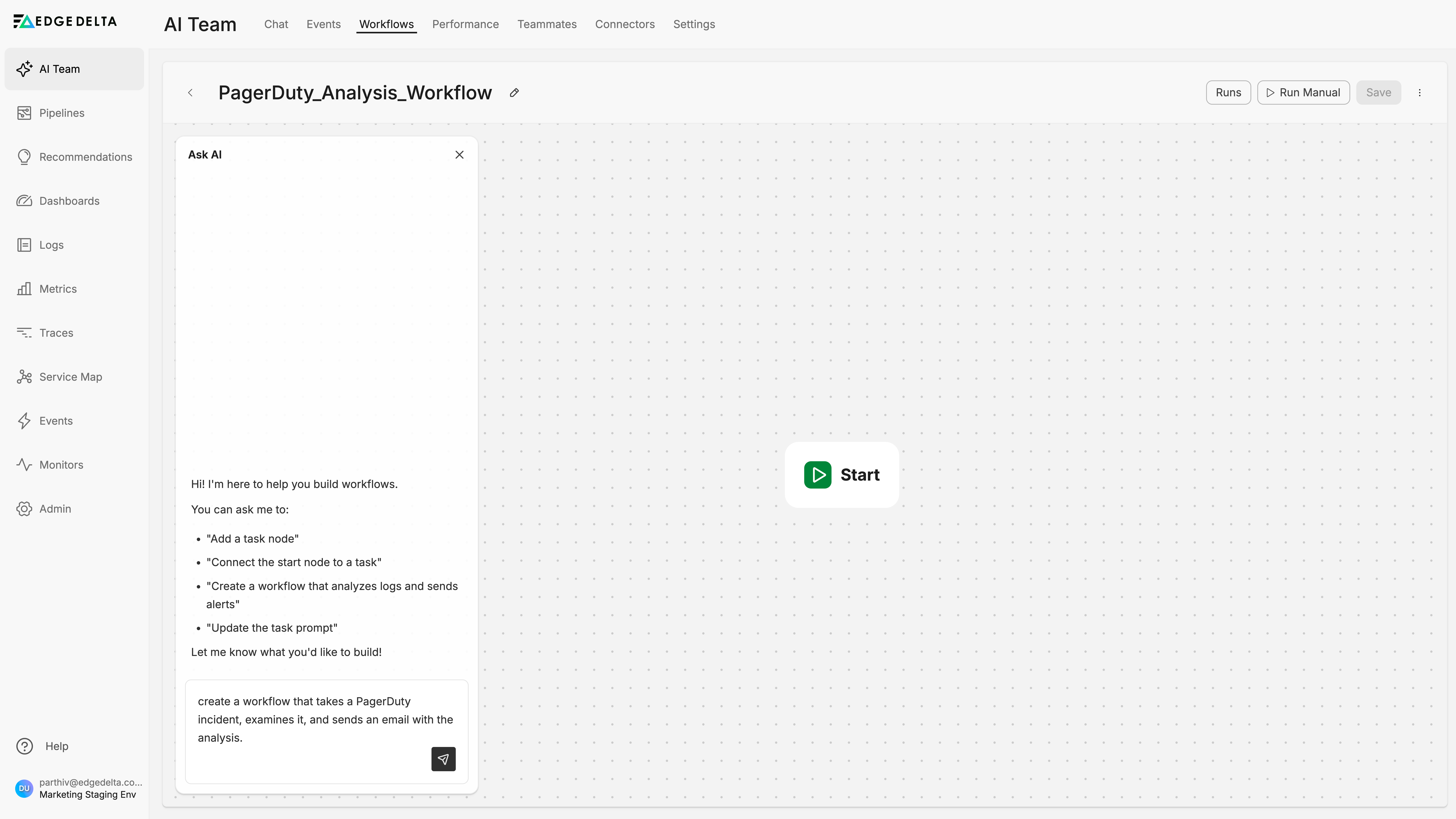 AI panel in the workflow editor with a natural language prompt to create a PagerDuty analysis workflow